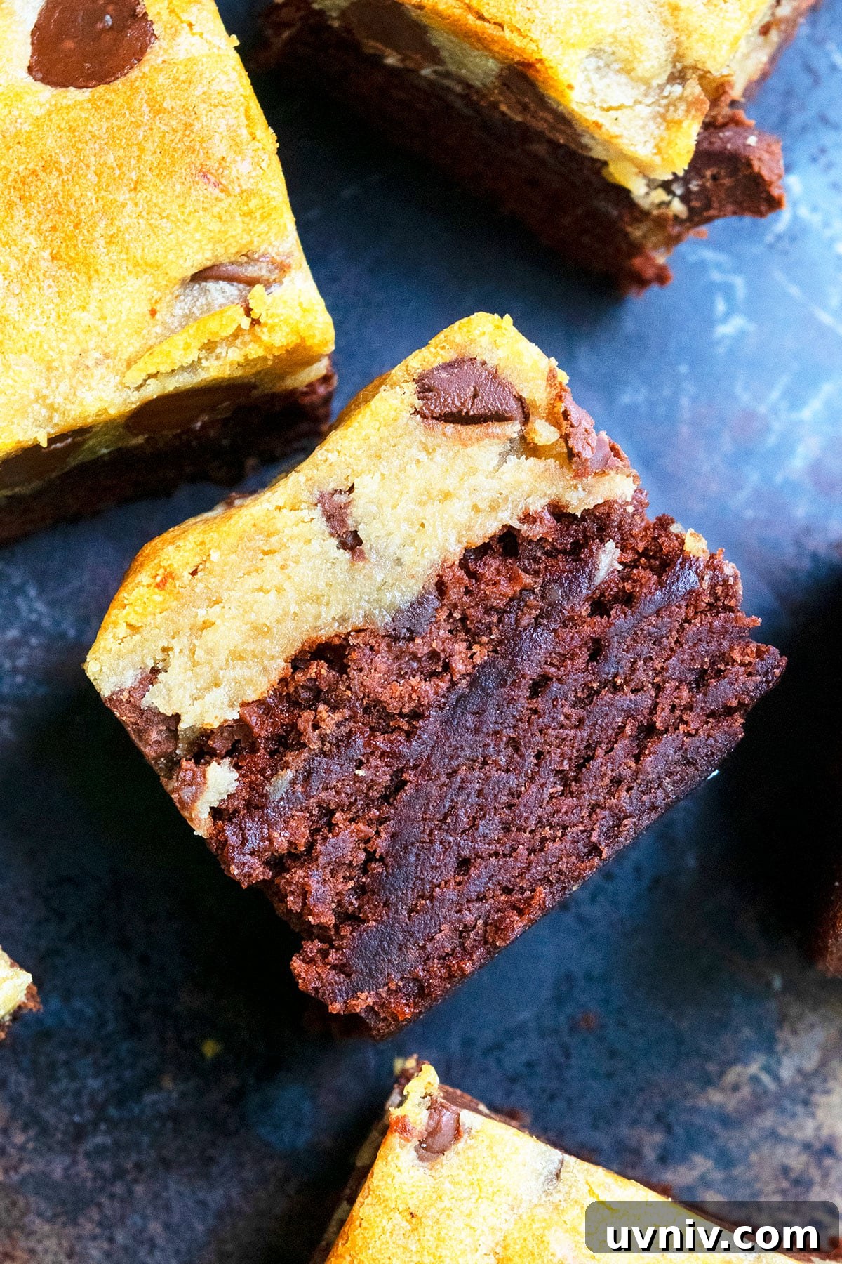 Brookie Recipe Using Brownie Mix: Chewy Cookie-Brownie Bars 3 Closeup Shot of Brownie Cookie Bar.