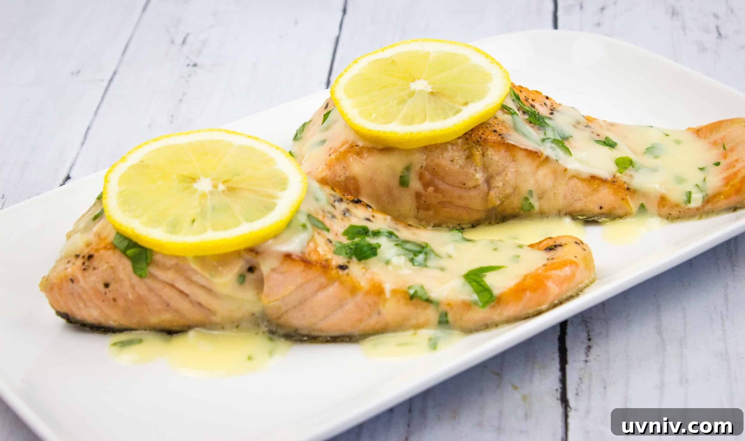 Two salmon fillets with lemon sauce on a white plate.