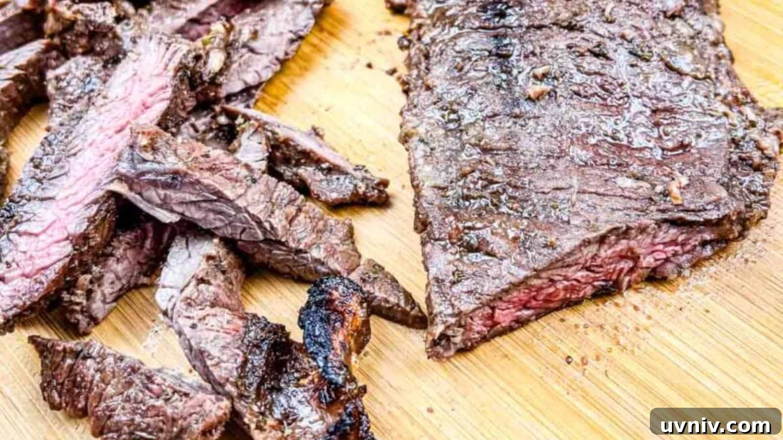 A sliced and grilled Carne asada on a wooden cutting board.
