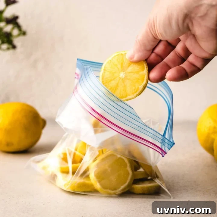 Sliced lemons being added to a ziploc bag full of them.