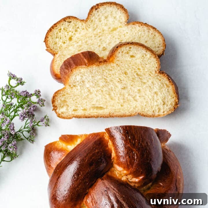 Challah braided bread slices ready to be eaten.