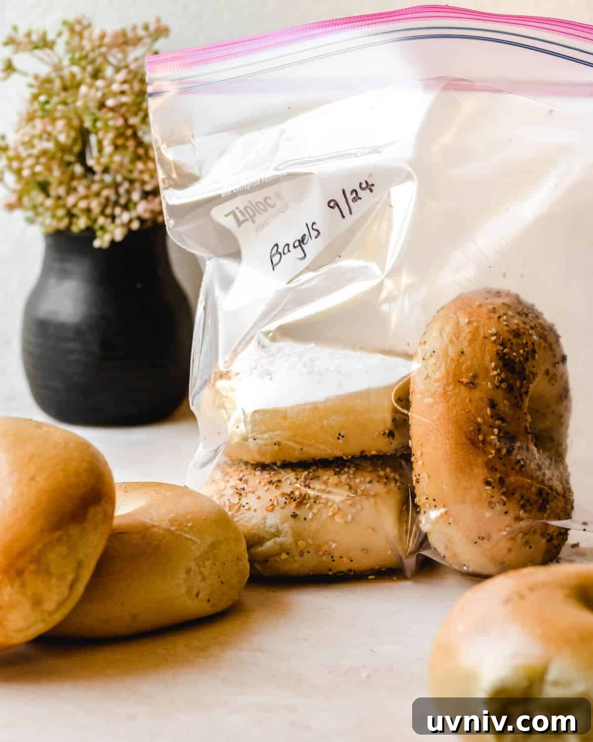 How Long Do Bagels Stay Fresh in the Fridge? 6 Bagels in a ziploc bag and others laying in front of it.