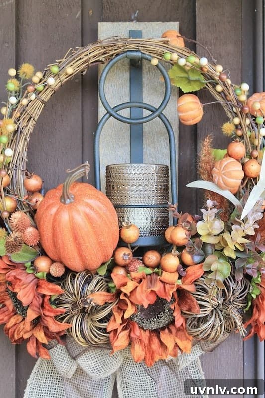 DIY Pumpkin Wreath with Burlap and Cozy Fall Spice Colors 6 easy fall front door wreath