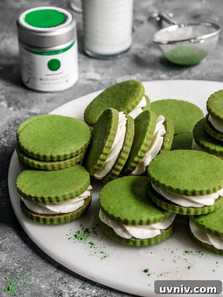 Matcha Cream Sandwich Cookies: Soft Green Tea Cookie Recipe 11 filled matcha sandwich cookies on serving platter three quarter view