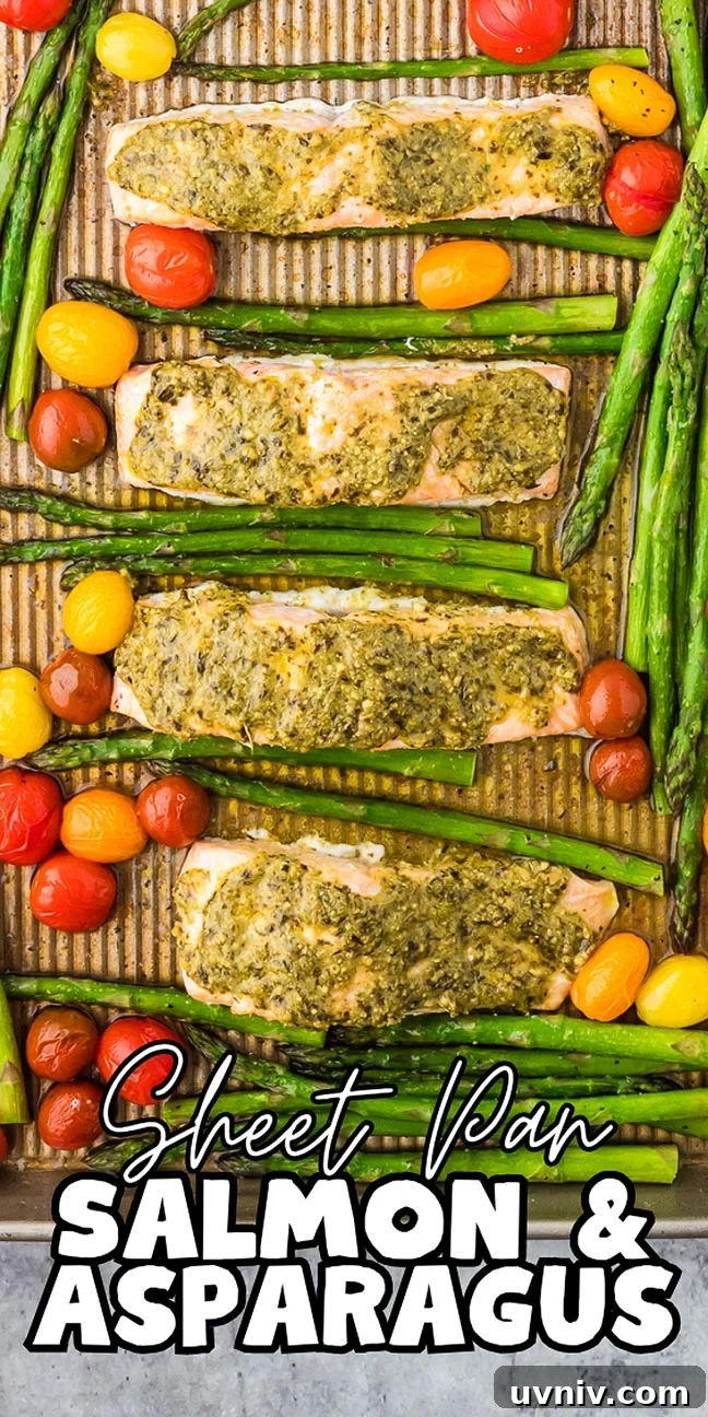 One-Pan Salmon and Roasted Asparagus Recipe 21 Sheet Pan Salmon and Asparagus with colorful cherry tomatoes, all topped with a fresh herb sauce for an easy, flavorful meal.