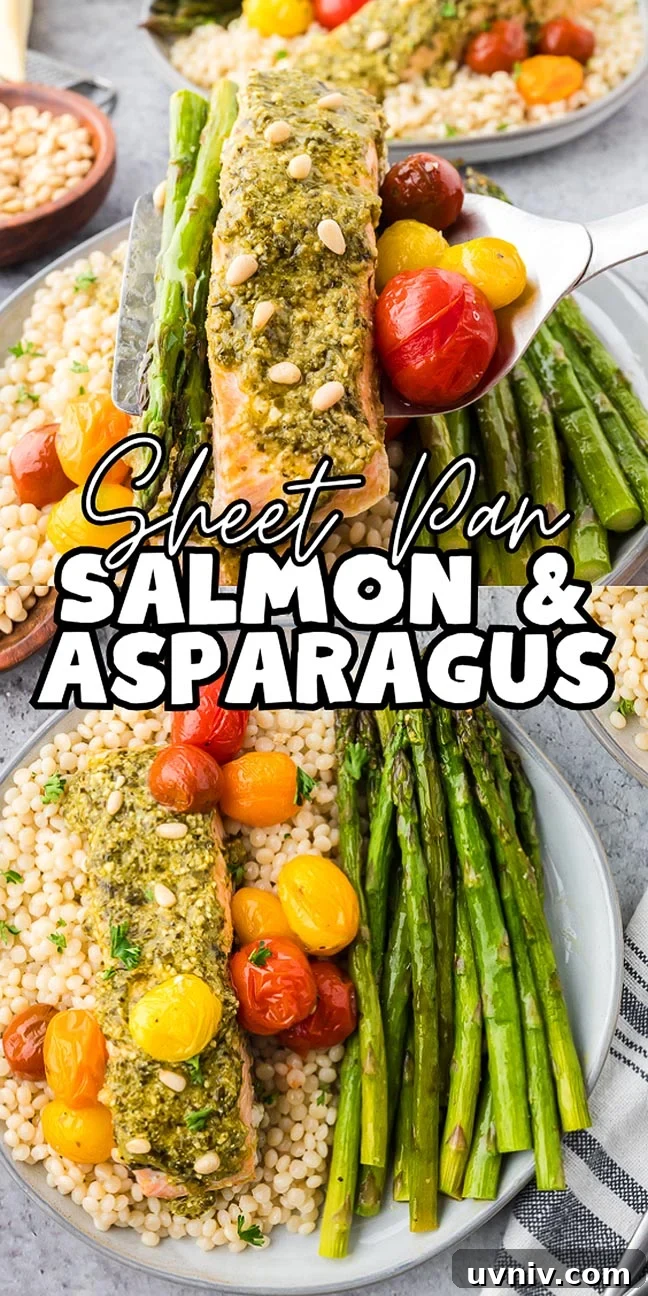 One-Pan Salmon and Roasted Asparagus Recipe 22 Savor Sheet Pan Salmon and Asparagus with pesto, cherry tomatoes, and fluffy couscous, all served together on a plate for a fresh and flavorful meal.