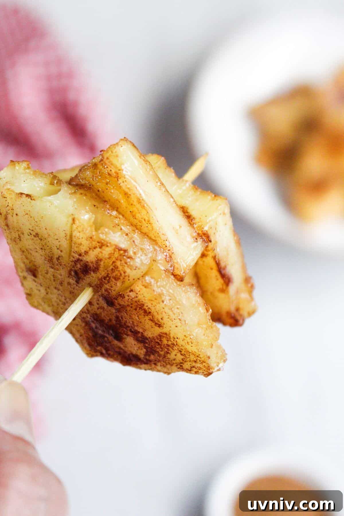 Crispy Caramelized Pineapple in the Air Fryer 13 A person holding pieces of grilled pineapple on a toothpick.