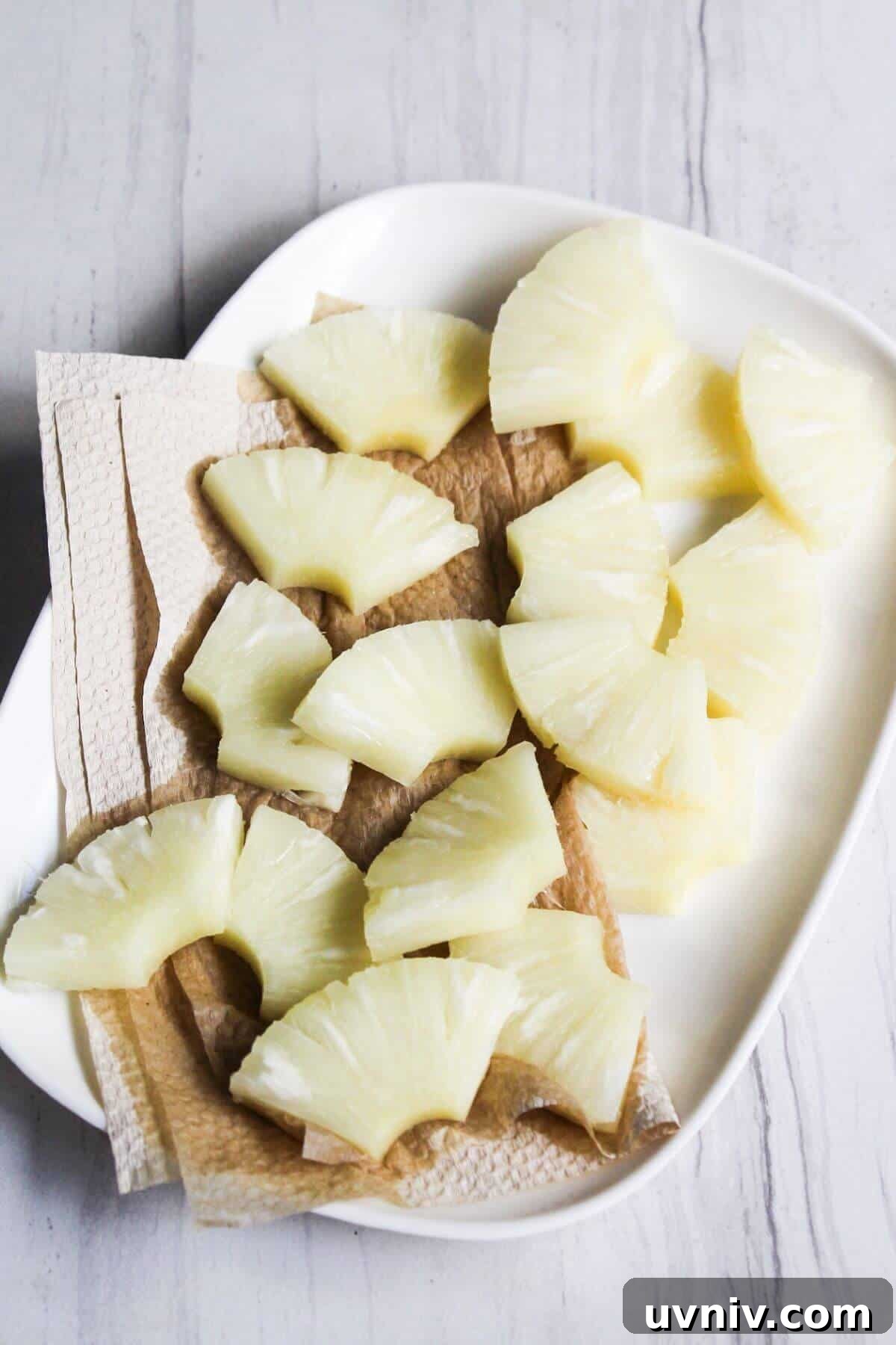Crispy Caramelized Pineapple in the Air Fryer 5 Pineapple slices on a paper towel on a white plate.