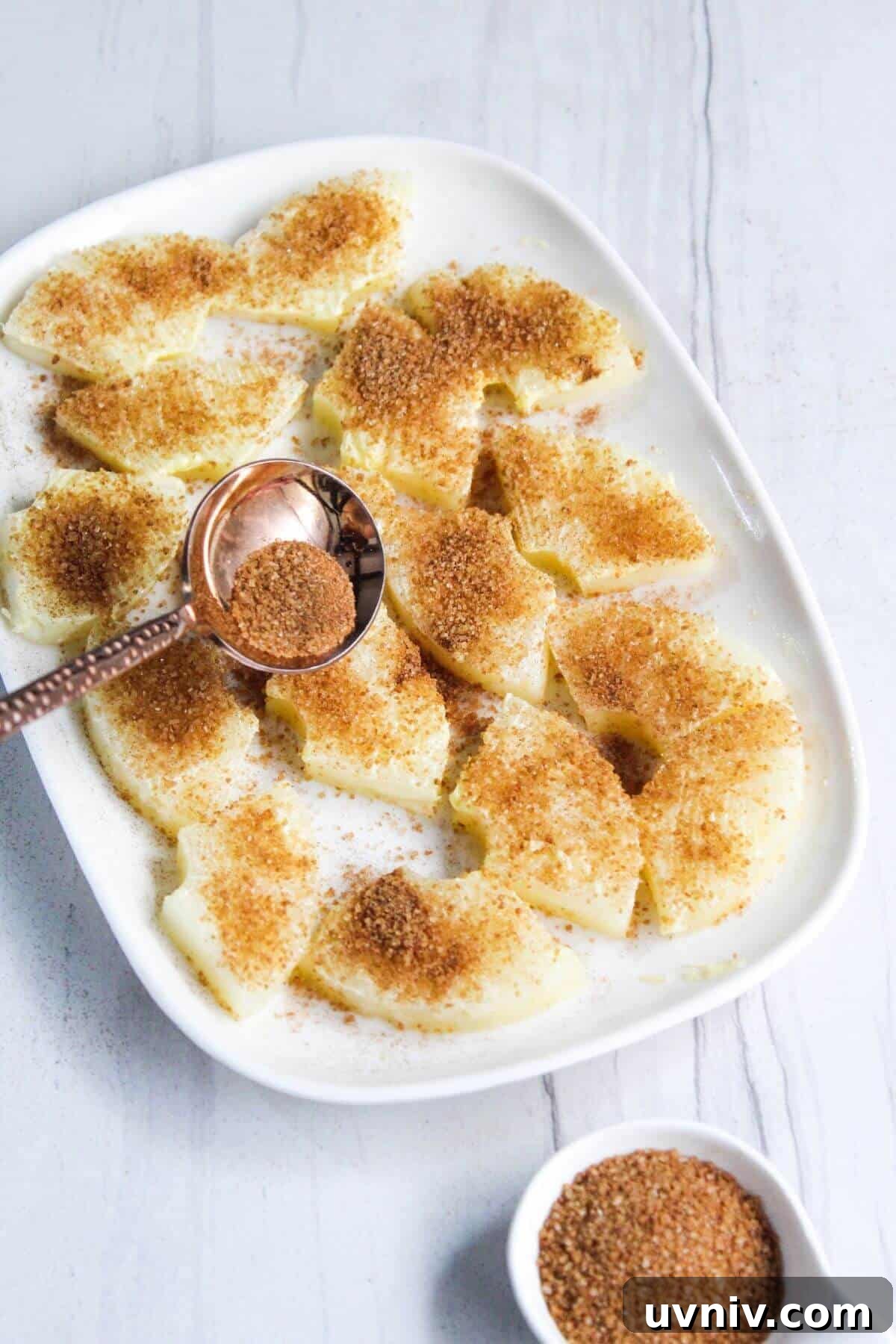 Crispy Caramelized Pineapple in the Air Fryer 7 A plate with cinnamon and sugar on it.