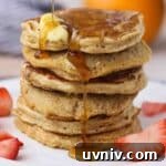 Single-Serve Oatmeal Protein Pancakes Recipe 8 Stack of six pancakes.
