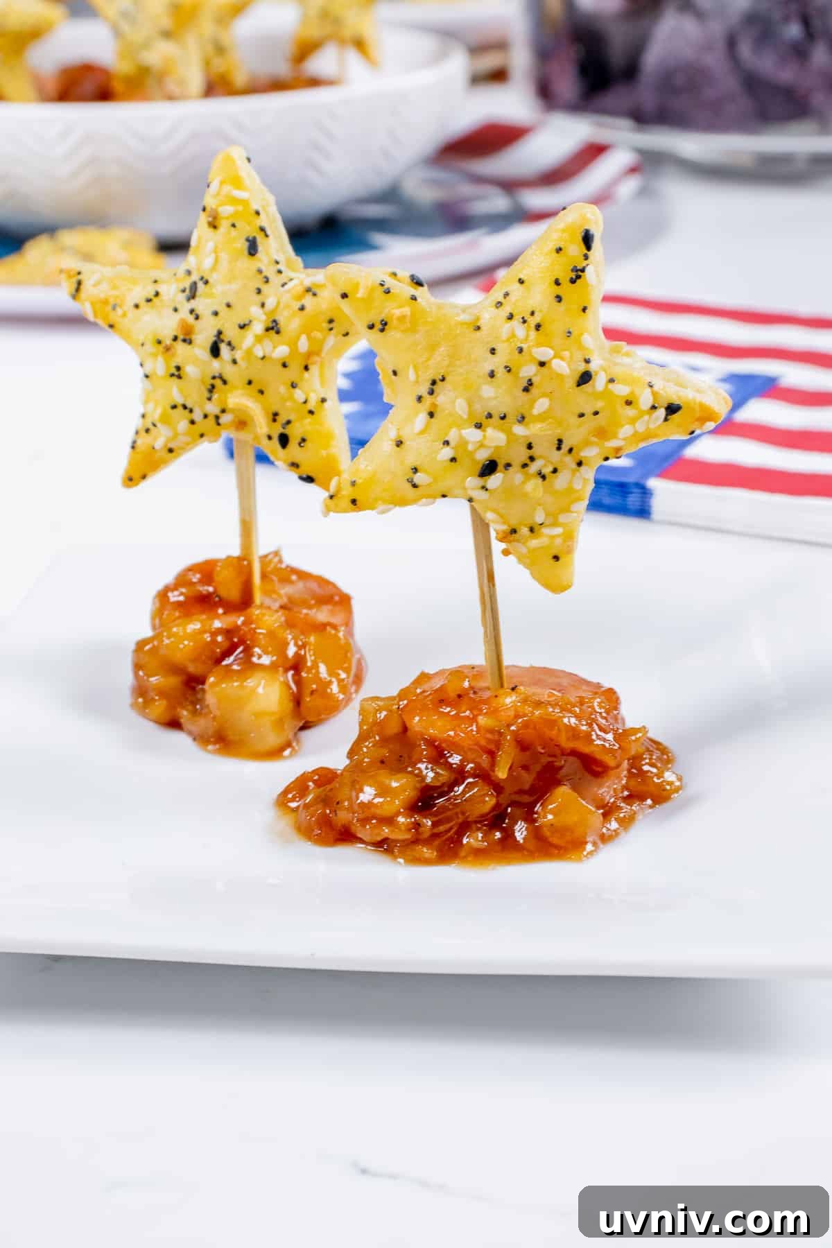 Patriotic Kielbasa Bites with Creamy Mustard Dip 3 Star kielbasa bites.