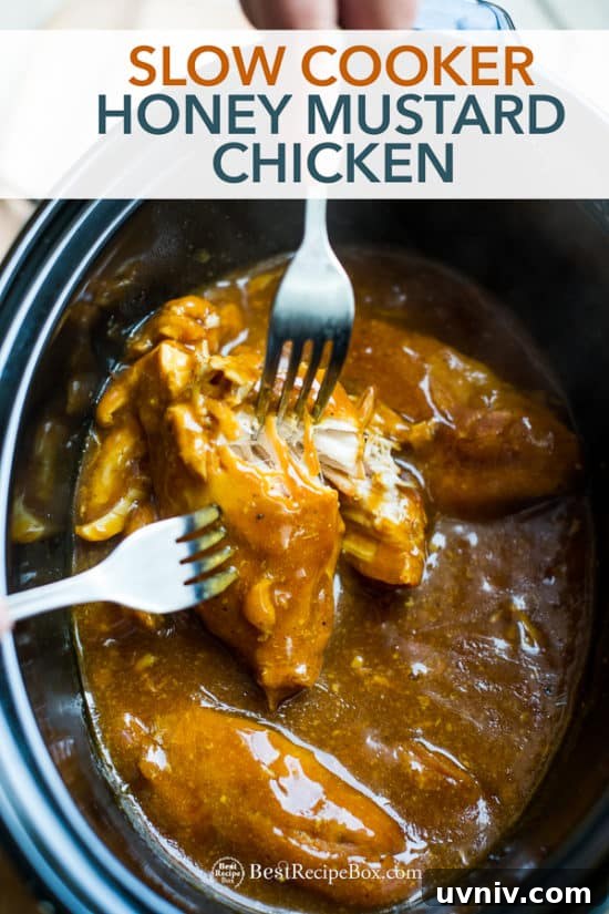 Slow Cooker Honey Mustard Chicken Recipe in Crock Pot | BestRecipeBox.com Slow Cooker Honey Mustard Chicken Recipe in Crock Pot with forks
