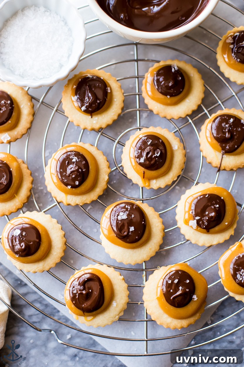 Twix Cookie Bars: Chewy Caramel Chocolate Treat Recipe 2 Overhead photo of Twix cookies on a round wire rack