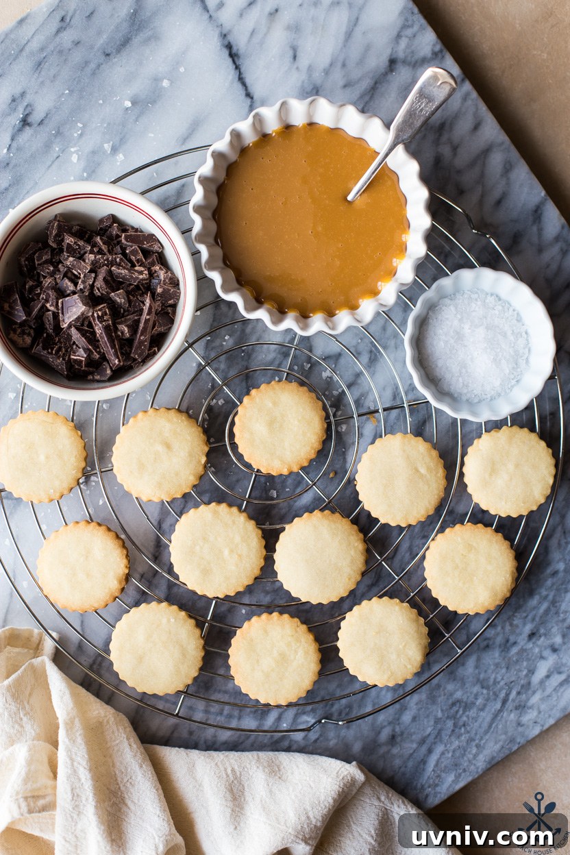 Twix Cookie Bars: Chewy Caramel Chocolate Treat Recipe 5 Overhead photo of cut out cookies on a round wire rack with a bowl of melted caramel, a bowl of chocolate pieces and a small bowl of salt
