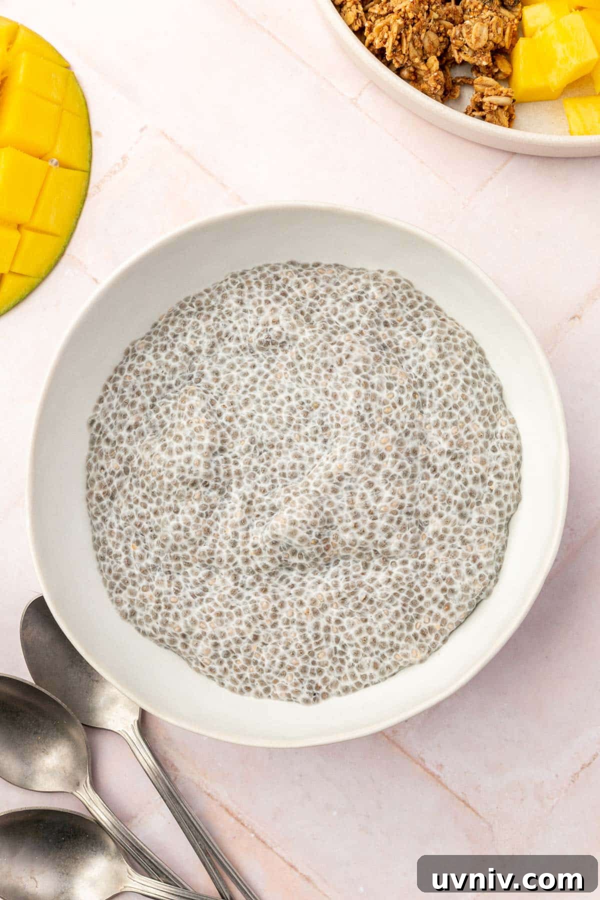 Creamy Chia Pudding Breakfast Bowl with Fresh Fruit & Nuts 7 A bowl of chia pudding with spoons to the side and a diced mango to the side.