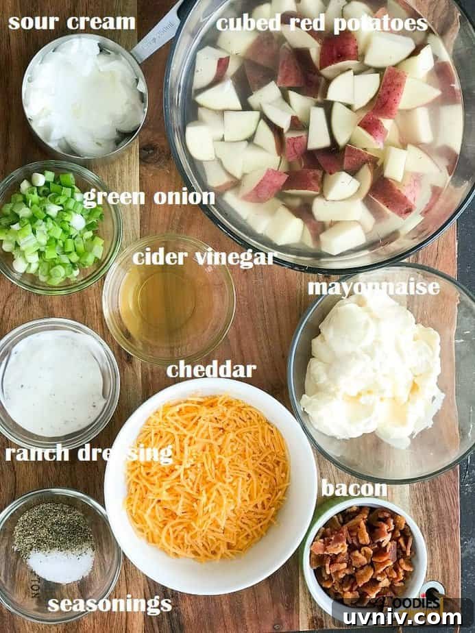 Creamy Loaded Potato Salad Made in the Instant Pot 3 recipe ingredients in different size bowls place on a wooden surface