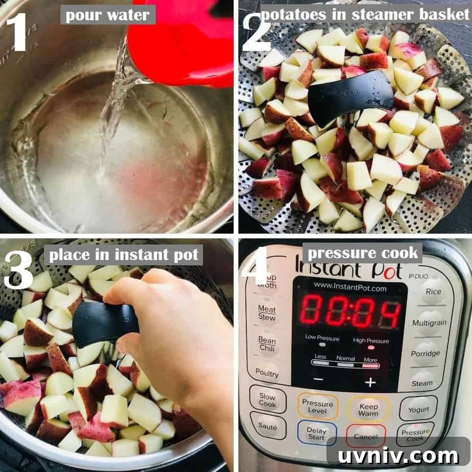 Creamy Loaded Potato Salad Made in the Instant Pot 6 diced potatoes placed in a steamer basket and being pressure cooked in instant pot