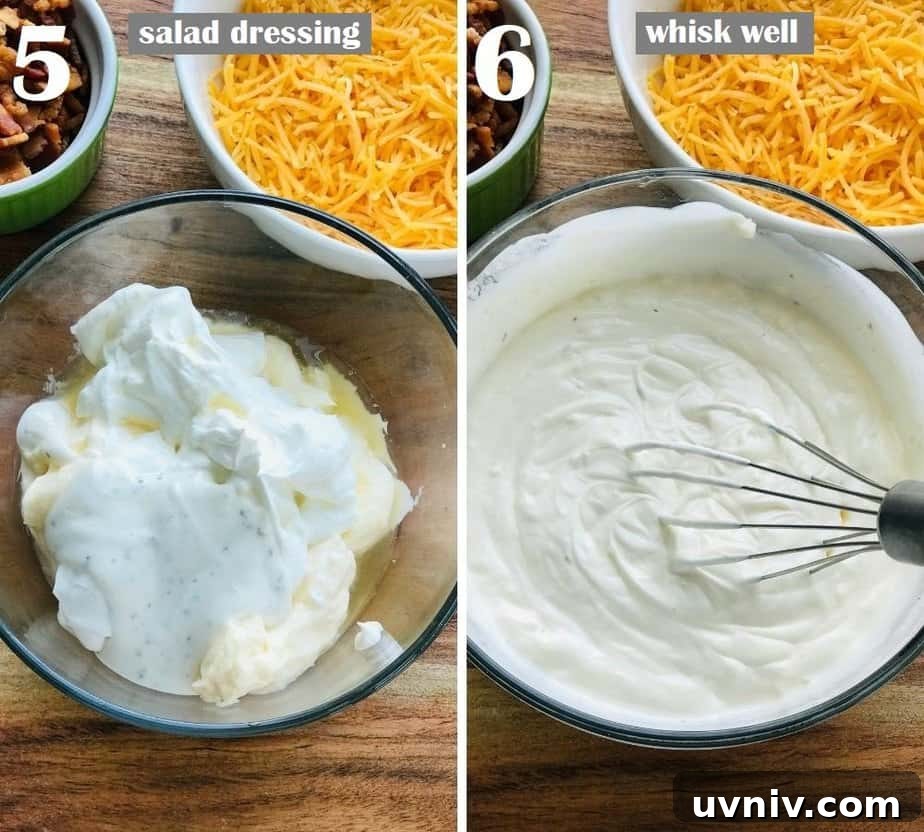 Creamy Loaded Potato Salad Made in the Instant Pot 7 making creamy salad dressing in a clear bowl with a whisk