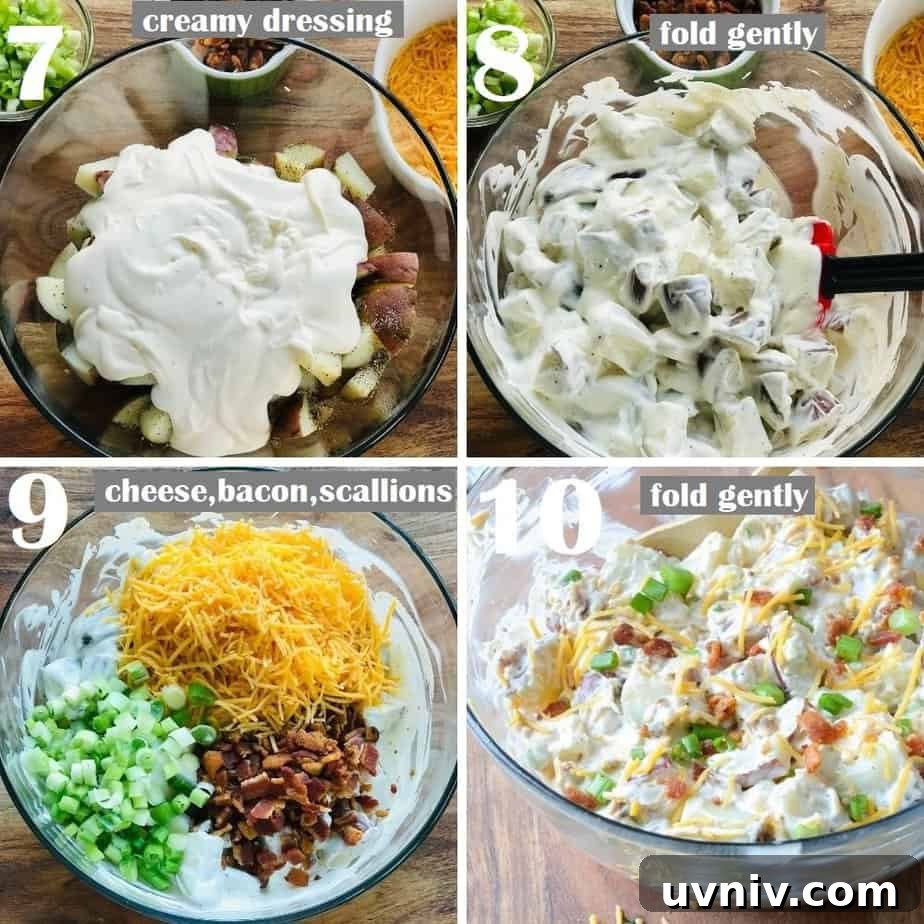 Creamy Loaded Potato Salad Made in the Instant Pot 8 assembling loaded baked potato salad in a transparent large bowl