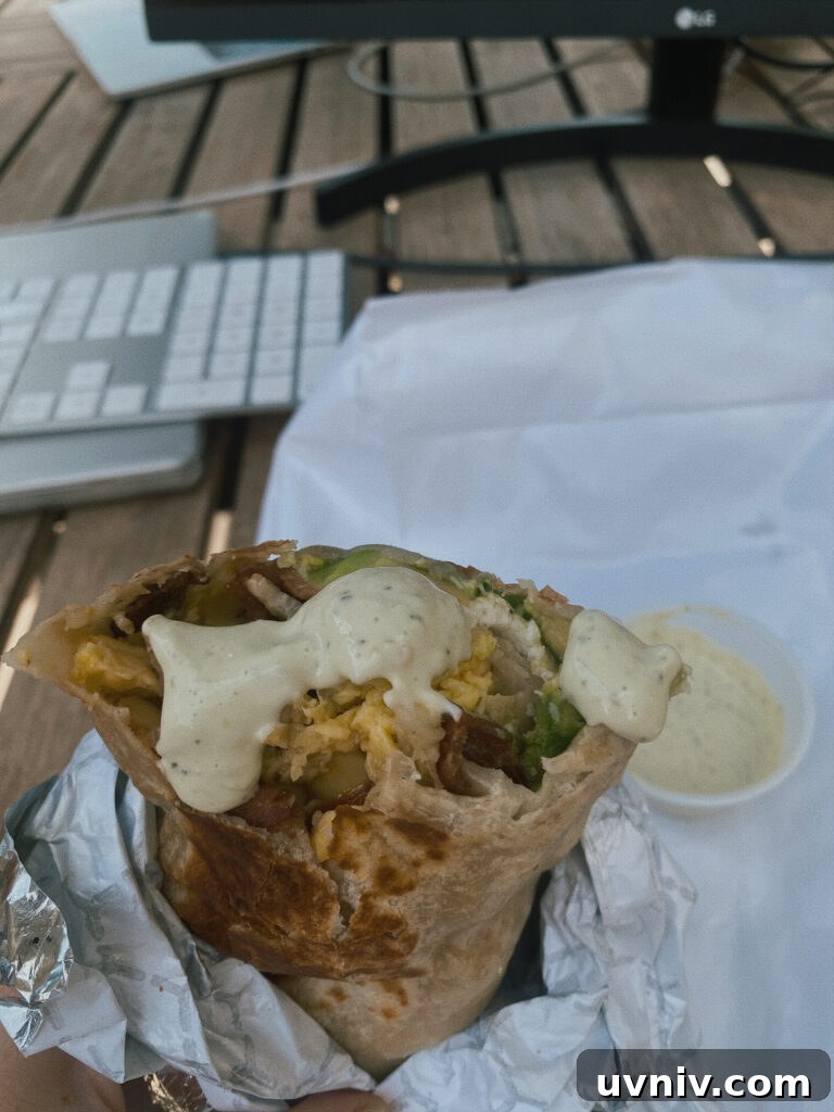 Skier’s Breakfast Burrito at Beaumont Bakery 4 Breakfast burrito with sauce