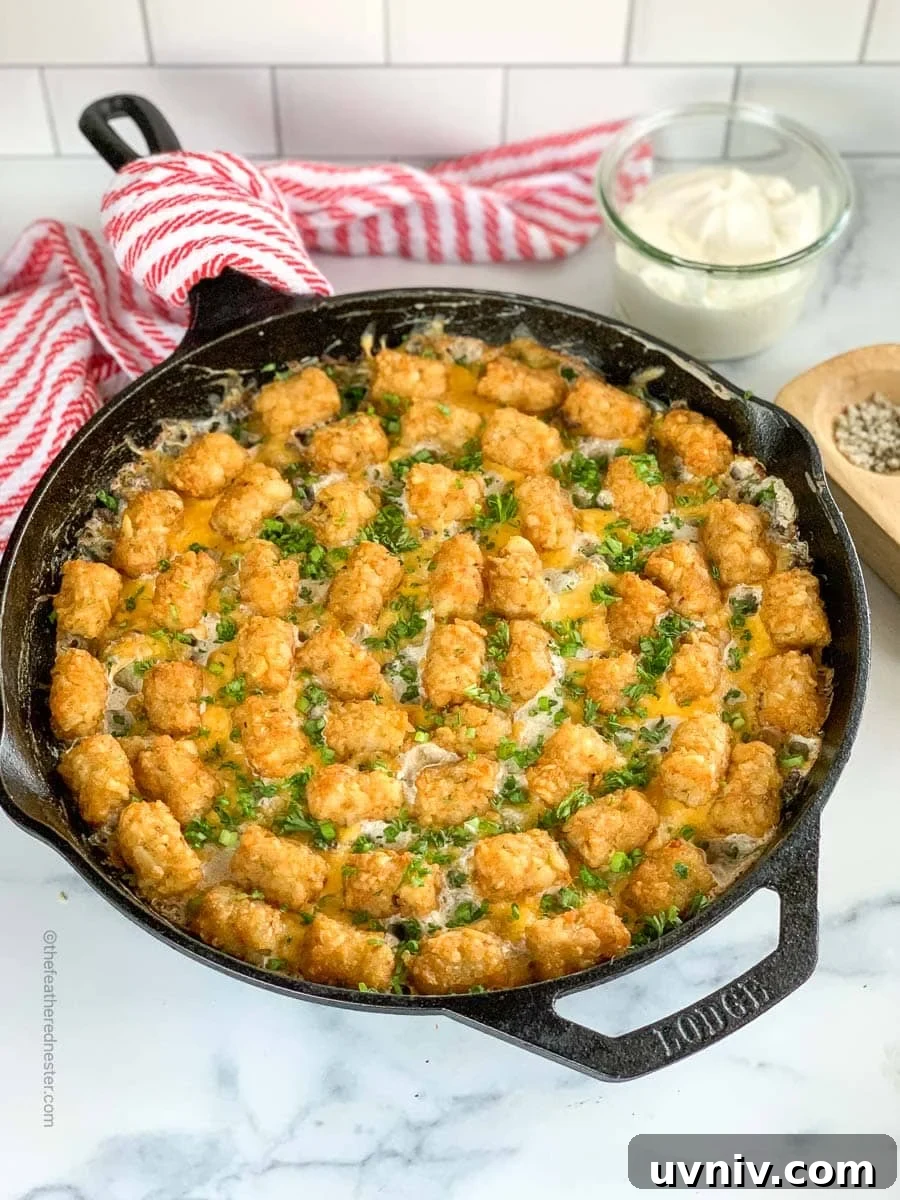Comforting Tater Tot Casserole with Green Beans and Cheese 2 Skillet of green bean casserole with tater tots and hamburger.