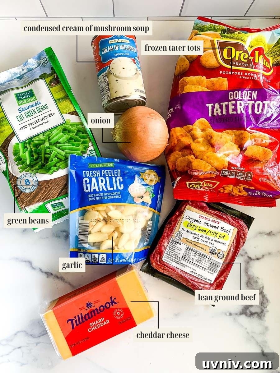Comforting Tater Tot Casserole with Green Beans and Cheese 3 Labeled ingredient image for tater tot casserole with green beans recipe.
