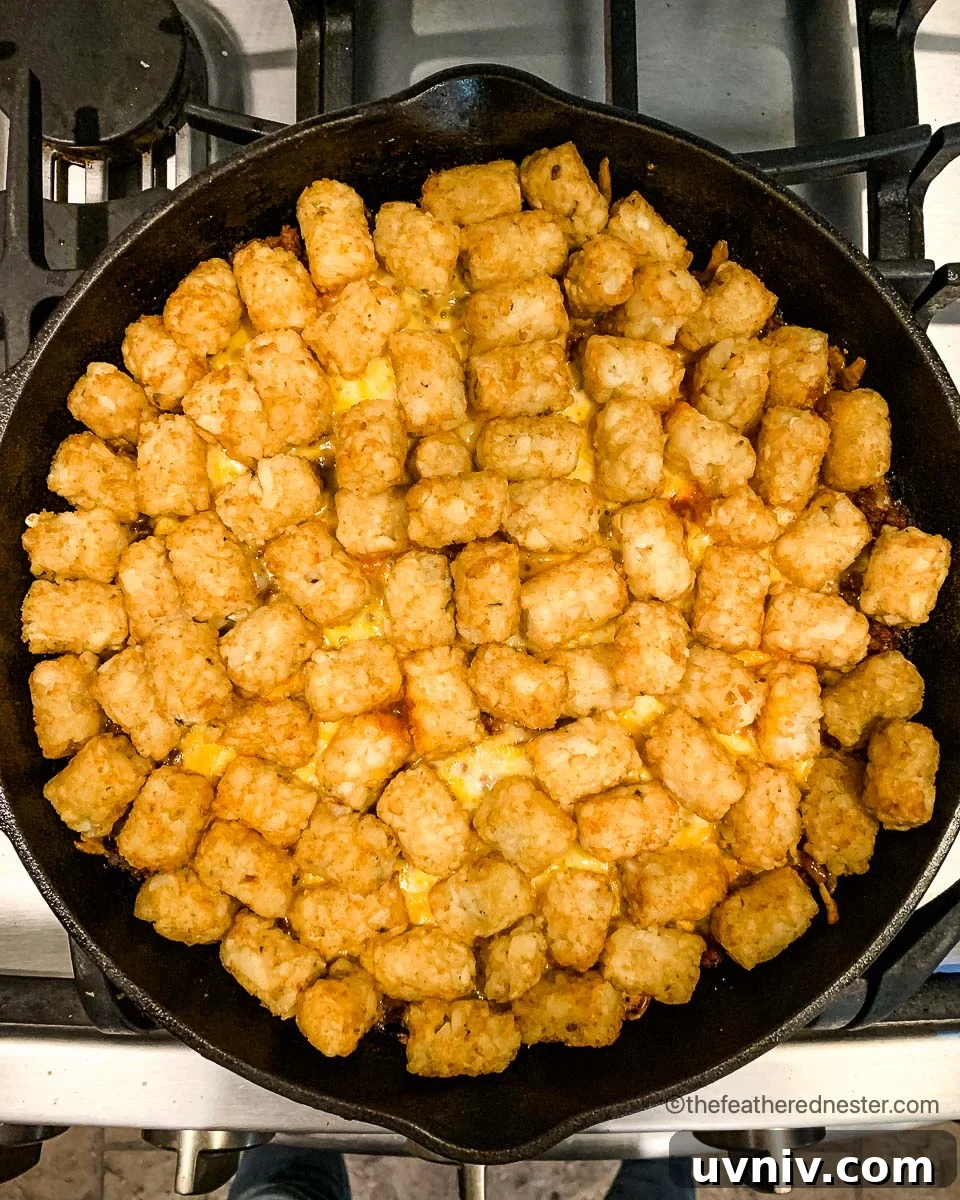Comforting Tater Tot Casserole with Green Beans and Cheese 6 a skillet of green bean casserole with tater tots, ready to go into the oven.