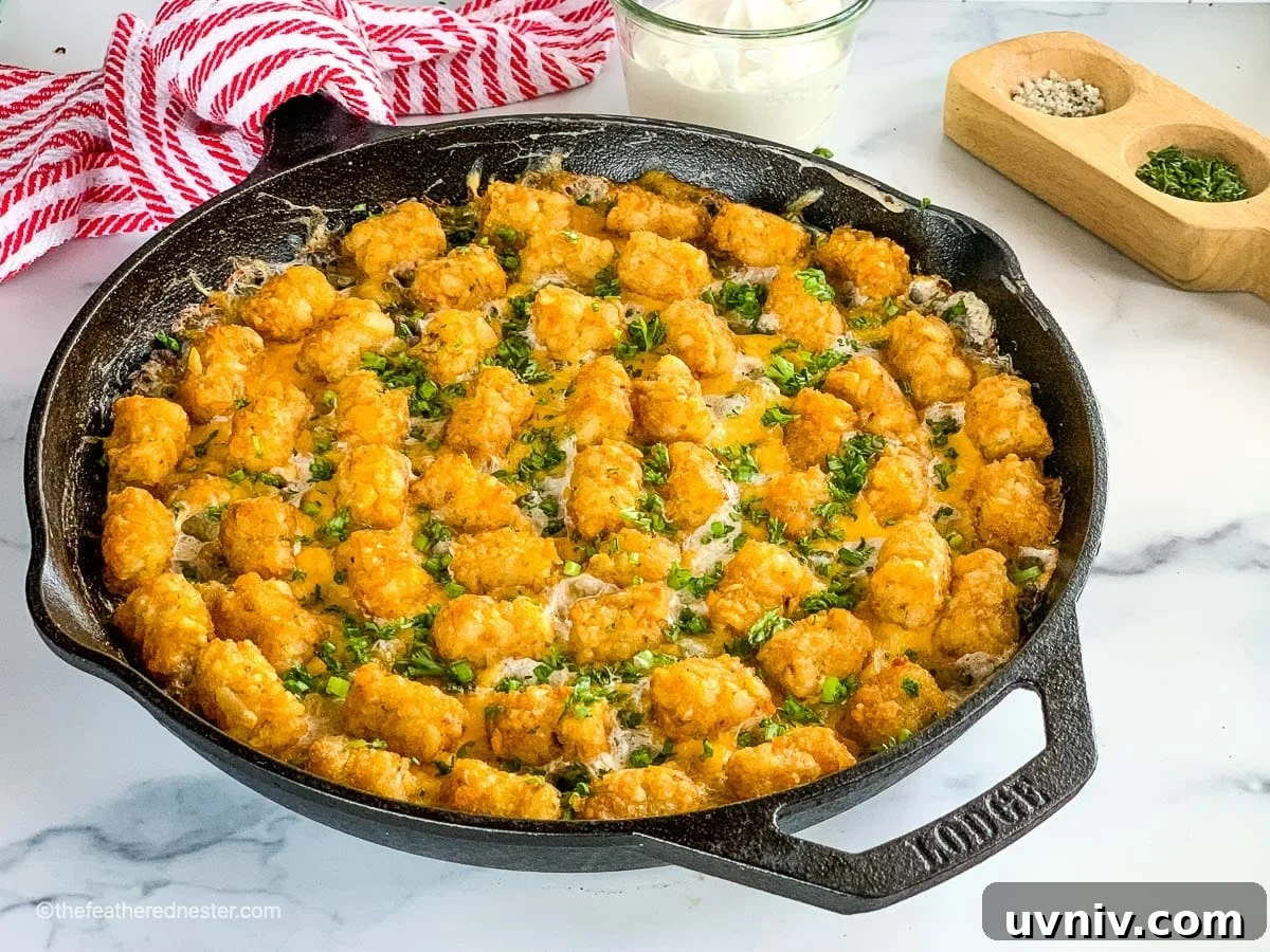 Comforting Tater Tot Casserole with Green Beans and Cheese 7 Hamburger hotdish of green bean casserole with tater tots.