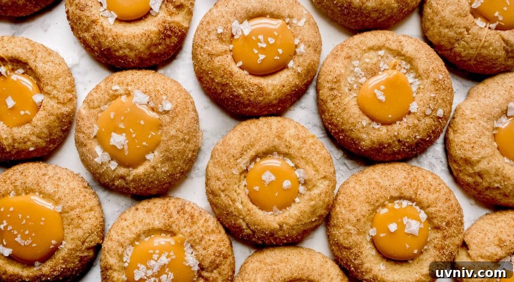 Salted Caramel Thumbprint Cookies with Cinnamon Sugar Twist 3 salted caramel cookies seen from above