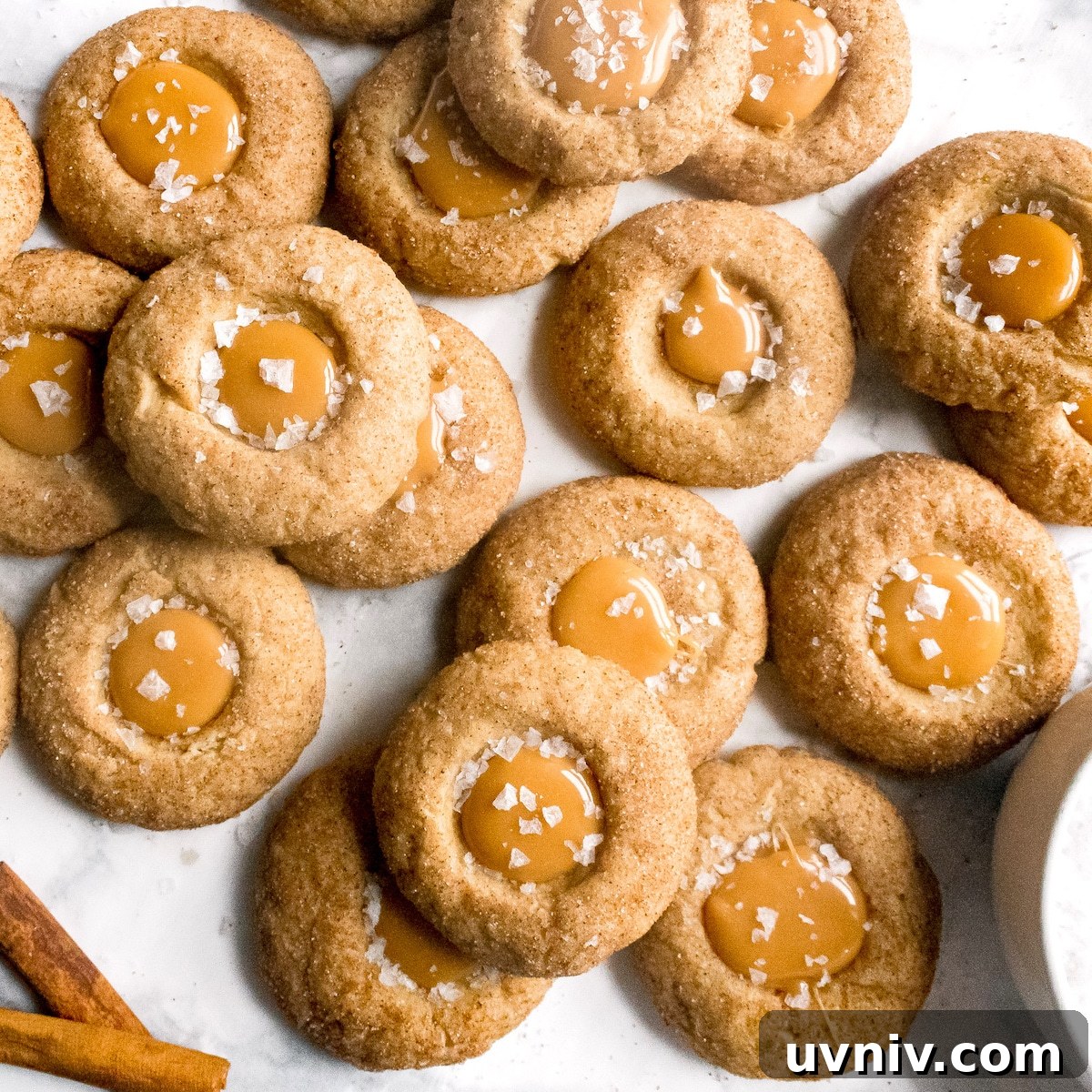 Salted Caramel Thumbprint Cookies with Cinnamon Sugar Twist 5 salted caramel thumbprint cookies seen from above