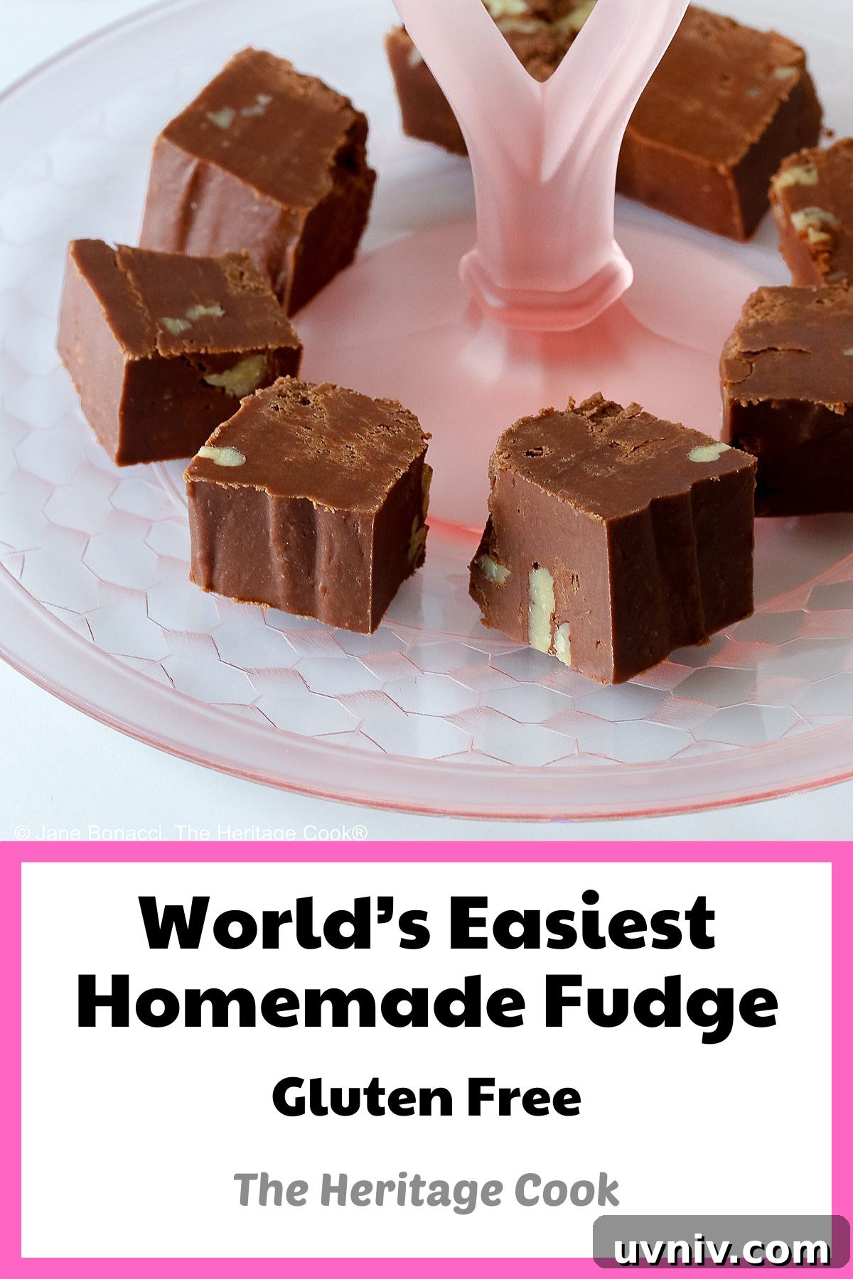 World’s Simplest Gluten-Free Fudge Recipe 9 Squares of easiest fudge with nuts circling and stacked on a scalloped pink glass serving plate © 2024 Jane Bonacci, The Heritage Cook.