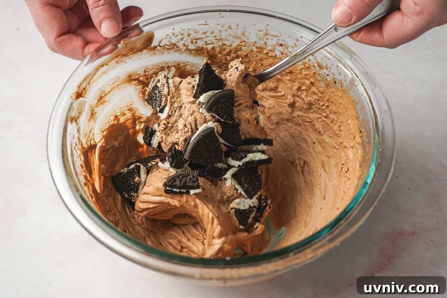 Mocha Oreo Trifle Dessert Recipe: Layered Coffee and Cookies 6 Mixing Oreos into Mocha Whipped Cream