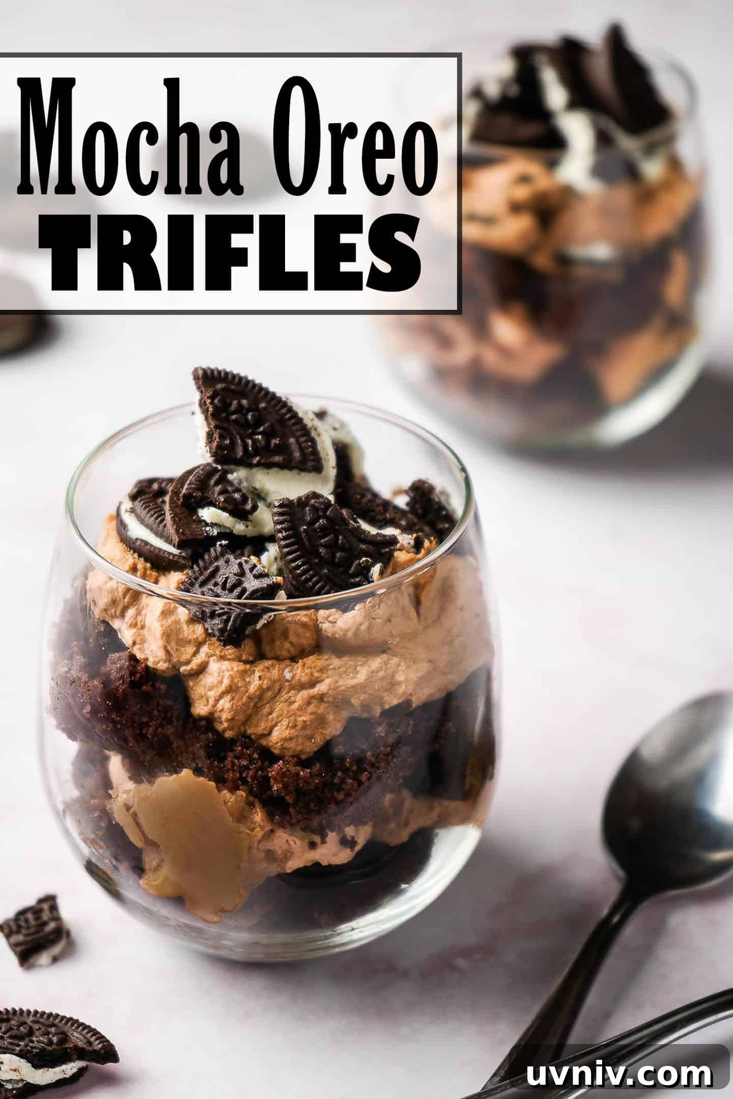 Mocha Oreo Trifle Dessert Recipe: Layered Coffee and Cookies 8 Mocha Oreo Trifles in two glasses with broken Oreos on the side