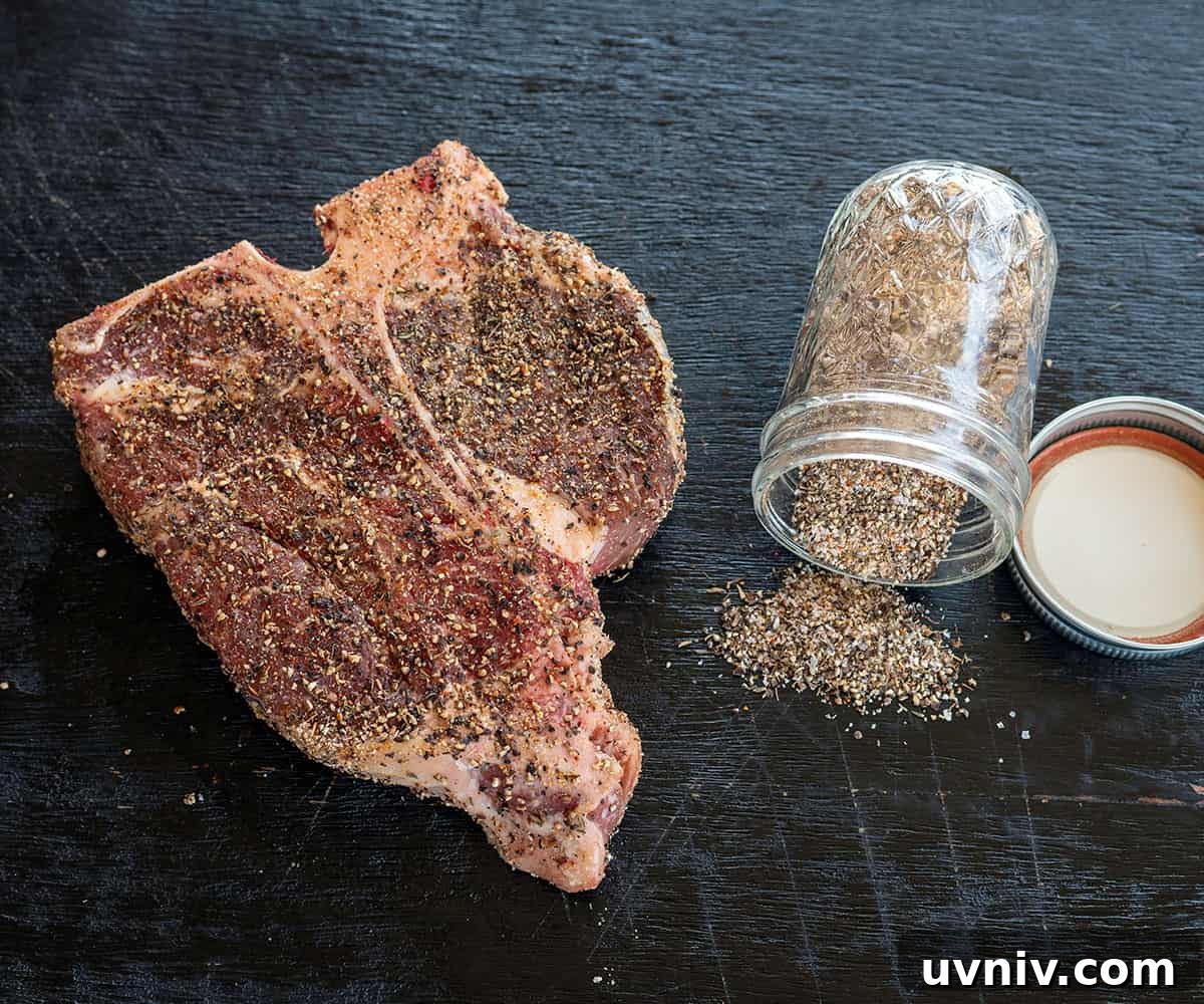 Ultimate Steak Rub Recipe for Bold, Smoky Flavor 2 steak rub jar spilled next to seasoned porterhouse steak