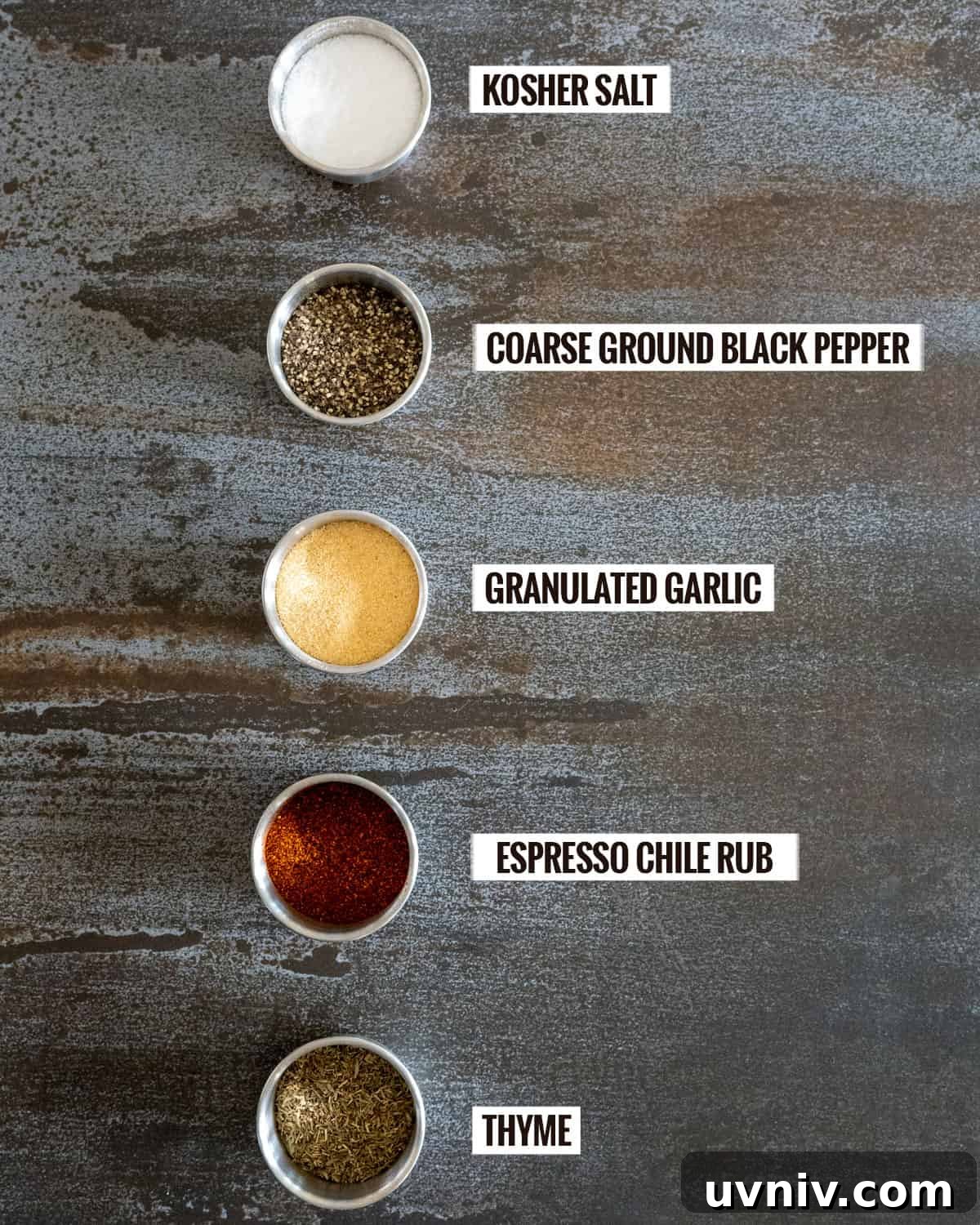 Ultimate Steak Rub Recipe for Bold, Smoky Flavor 3 Steak Rub Ingredients: kosher salt, coarse ground black pepper, granulated garlic, espresso chile rub, thyme