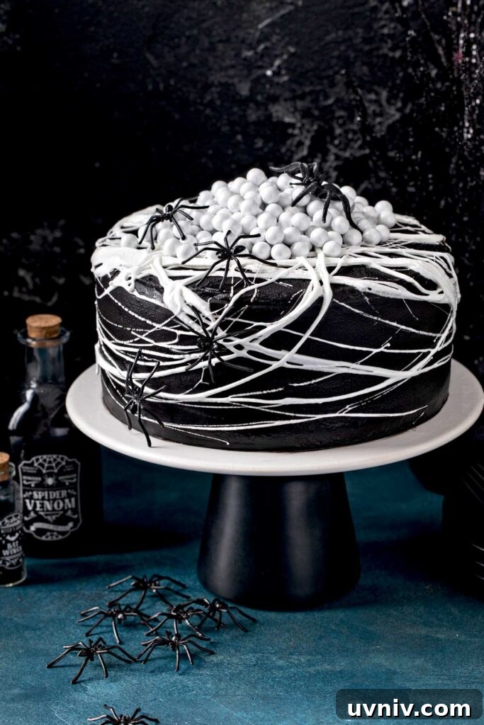 Black velvet cake with black cocoa buttercream, marshmallow spiderweb and black spiders. Topped with candy spider eggs on a cake plate