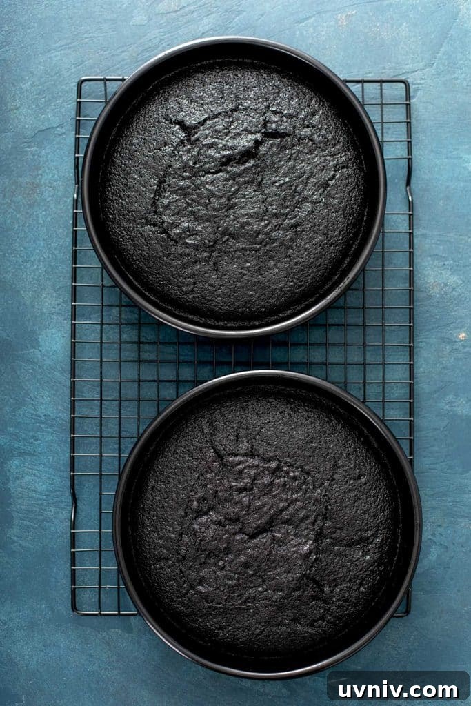 two round pans with black velvet cake on a cooling rack