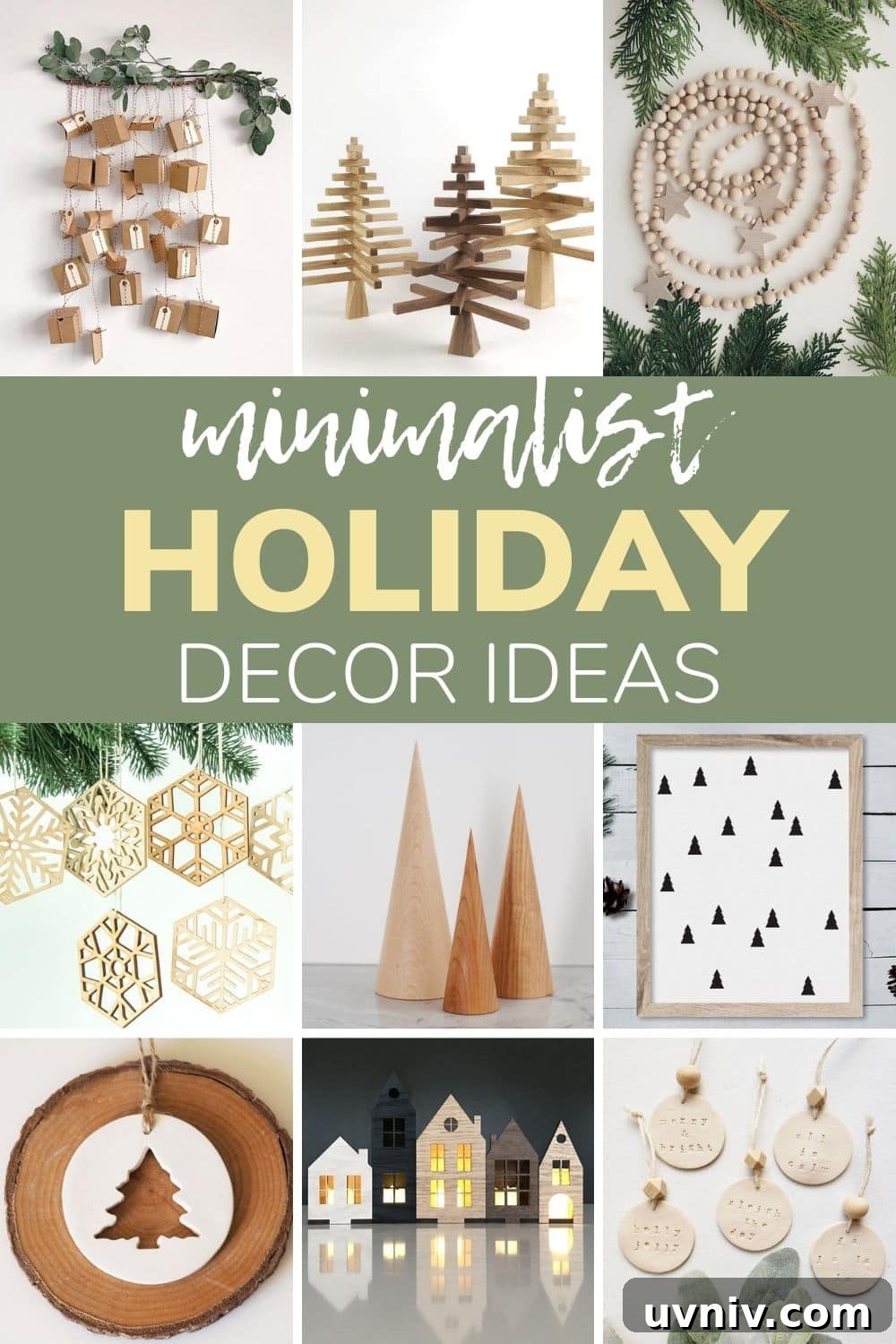 Photo collage of modern, minimal Christmas decor items with text overlay "Minimalist Holiday Decor Ideas"