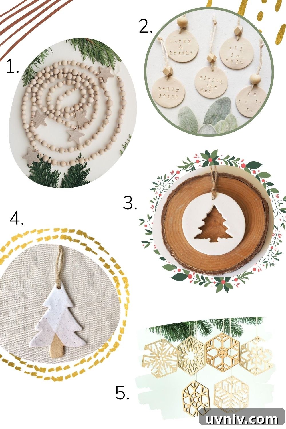 Collage of handcrafted minimalist Christmas ornaments and tree decorations.