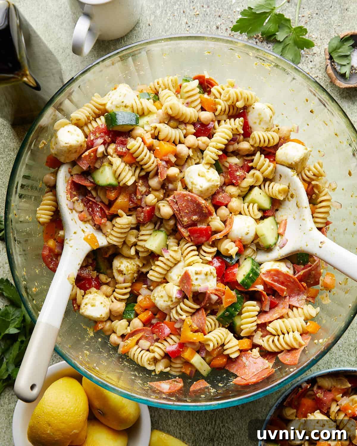 Italian Pasta Salad (No Mayo) — Fresh Mediterranean Recipe 2 Overhead image of healthy Italian pasta salad.