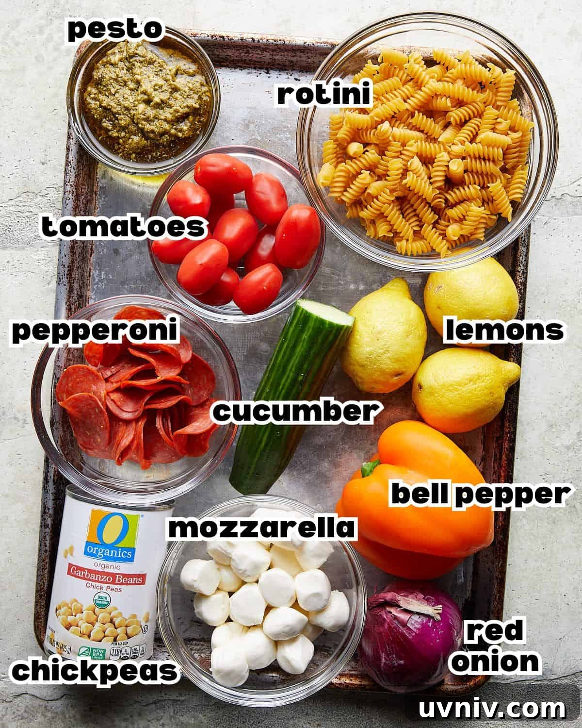Italian Pasta Salad (No Mayo) — Fresh Mediterranean Recipe 3 Overhead image of ingredients needed to make healthy Italian pasta.