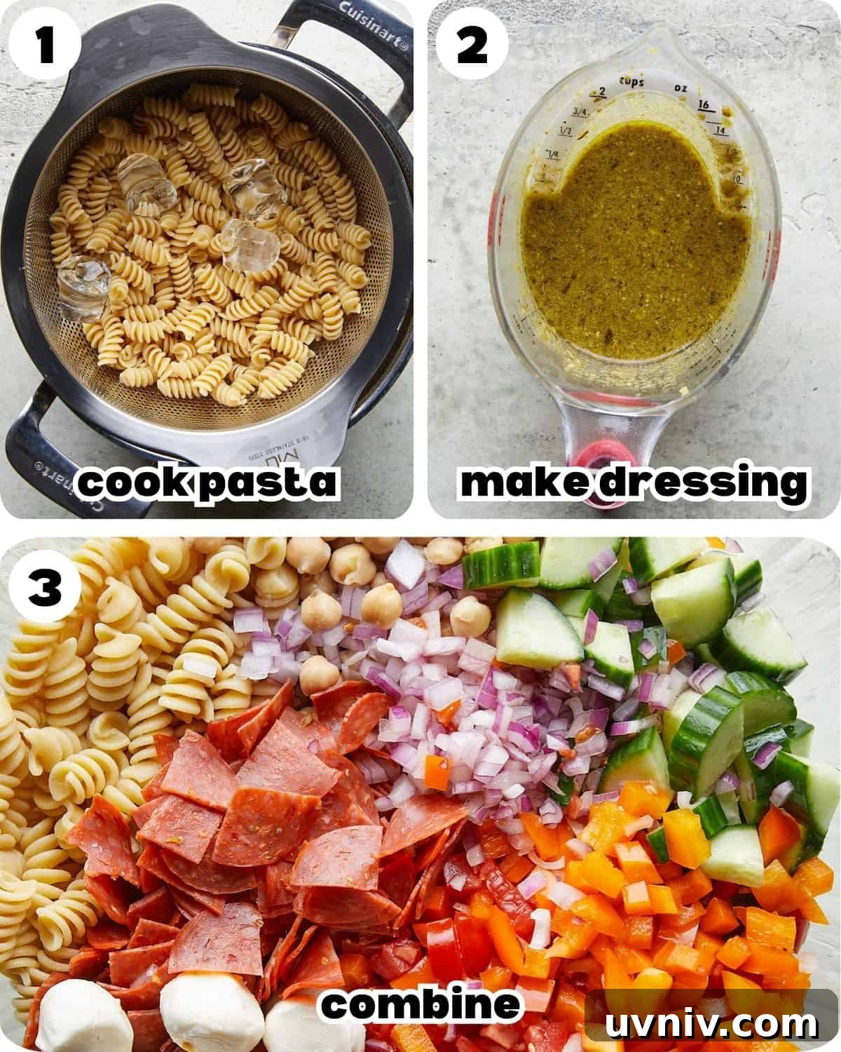 Italian Pasta Salad (No Mayo) — Fresh Mediterranean Recipe 4 A 3 photo collage showing the steps for healthy Italian pasta salad.