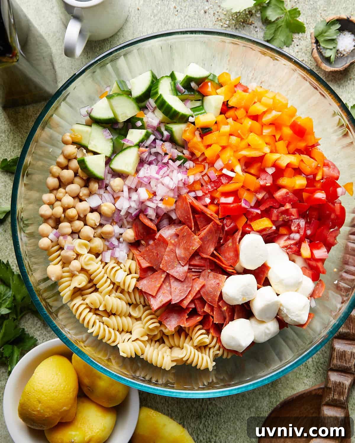 Italian Pasta Salad (No Mayo) — Fresh Mediterranean Recipe 5 Overhead image of healthy Italian pasta salad.