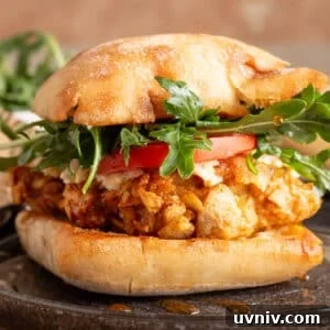 Crispy air fryer chicken sandwich on a toasted ciabatta roll, topped with arugula, fresh tomato slices, and crumbled blue cheese, with a drizzle of hot honey on the sandwich and plate.