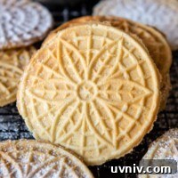 a gluten-free pizzelle leaning up against a stack with others around it.