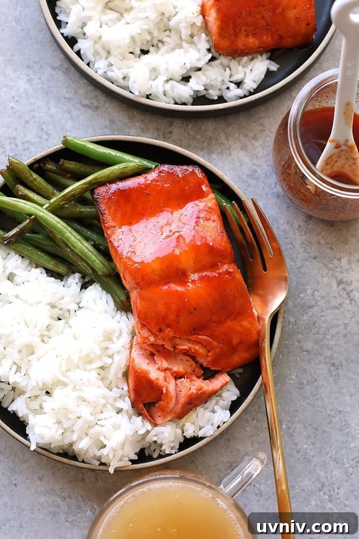 honey sriracha salmon with rice and green beans