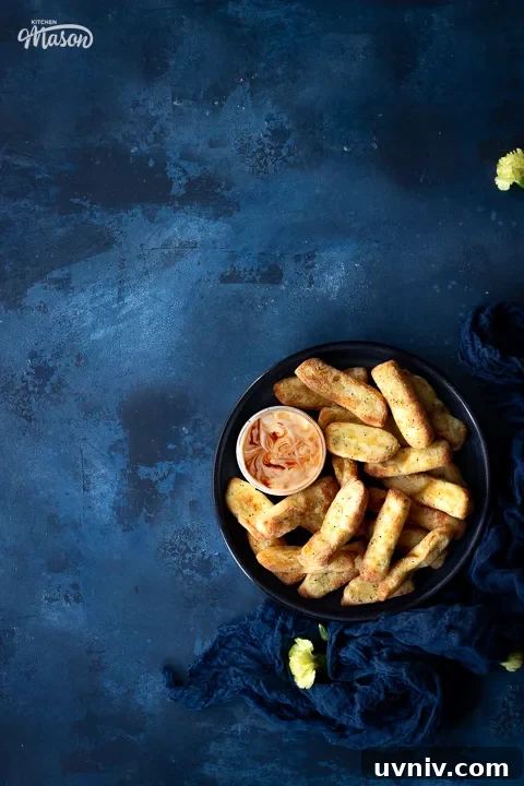 Crispy Air Fryer Halloumi Fries Recipe (UK) 9 Air fryer halloumi fries on a plate with a dip