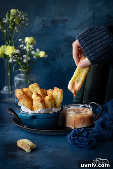 Crispy Air Fryer Halloumi Fries Recipe (UK) 2 Someone dipping a halloumi fry into sauce