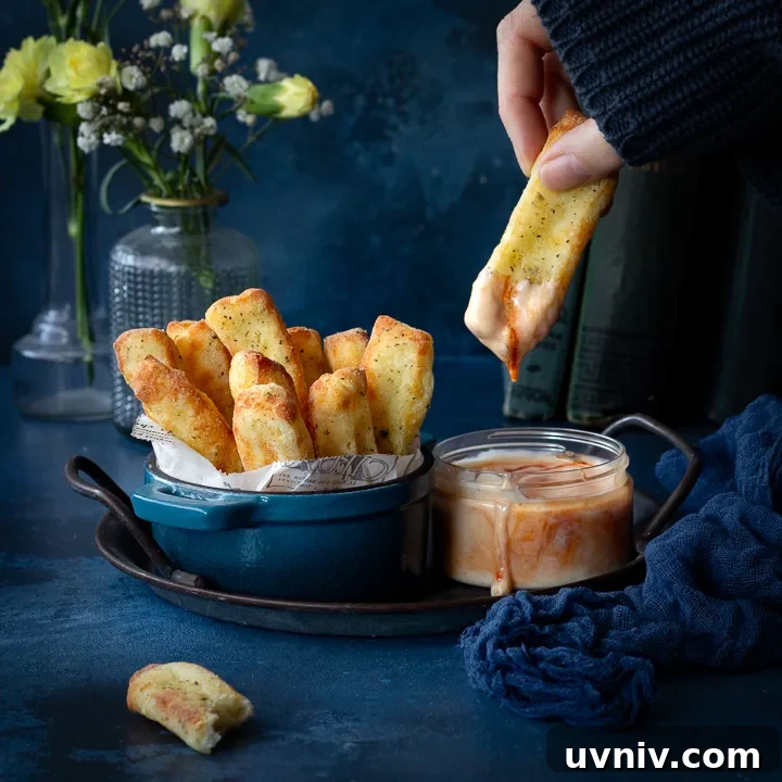 An air fried halloumi fry being dipped into sauce