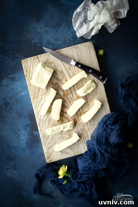 Crispy Air Fryer Halloumi Fries Recipe (UK) 4 Cut halloumi on a chopping board